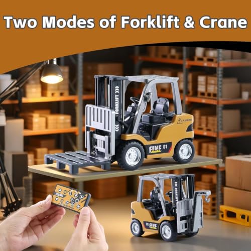 Image of PLUSPOINT 2.4GHz RC Forklift Toy | 1:64 Mini Rechargeable Remote Control Forklift with 2-in-1 Lift Fork & Crane Hook, Lights, Sound & Cargo Boxes | Construction Vehicle Toy for Kids Age 3+