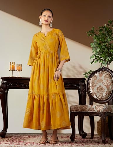 Image of BIBA Women Casual Dress Maxi Cotton Blend Tiered Printed Dress