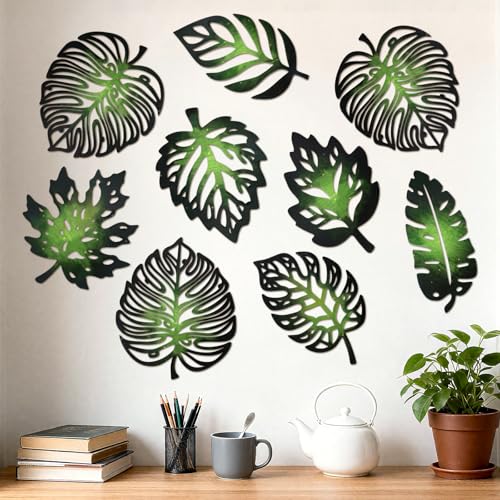 FODAHRWS 9 Pcs Palm Leaves Wood Wall Decor, Green Wooden
