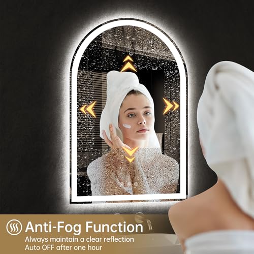 Image of Arched LED Mirror for Bathroom 24 inchx36 inch- Frameless Lighted Bathroom Mirror with Lights, Fogless, Dimmable, 3 Color Changing, Shatterproof, Touch Sensor