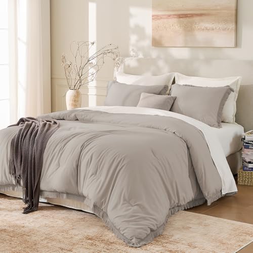 Image of Andency Queen Comforter Set Heather Grey, 3 Pieces Boho Fall Tassel Lightweight Bedding Comforter Sets, All Season Soft Bed Set (90x90In Comforter & 2 Pillowcases)