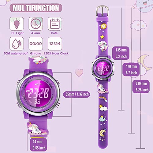 Image of Kids Watch Girls Age 3-10 - Upgrade 3D Cute Unicorn Cartoon 7 Color Lights Digital Waterproof Sports Outdoor LED Watches with Alarm Stopwatch for 3-10 Year Boys Girls Little Child Purple - Best Gift
