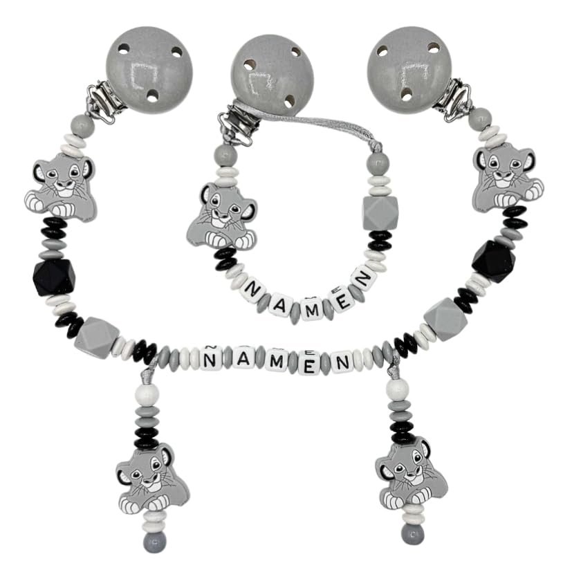 Generisch Set Nuckelkette + Kinderwagenkette mit Namen LÖWE Hellgrau Weiß Schwarz/Baby/Unisex/Personalisiert/HANDMADE