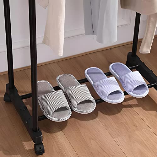 Retoo Kleiderständer, Doppel, Kleiderstange auf Rollen, mit ausziehbarer Garderobenständer, Unter Gestell für Mäntel, Röcke, Hemden, Pullover, Schwarz, Garderobenstange, Freistehender Kleiderbügel