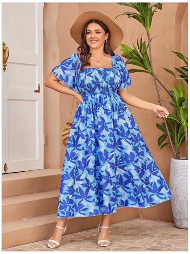 Image of Floerns Women's Plus Size Floral Square Neck Flounce Short Sleeve A Line Maxi Dress