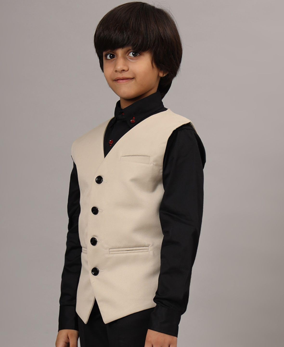 TAHVO Cotton Blend Waistcoat for Boys with Pointed Hem Beige (9 Years - 10 Years) 1