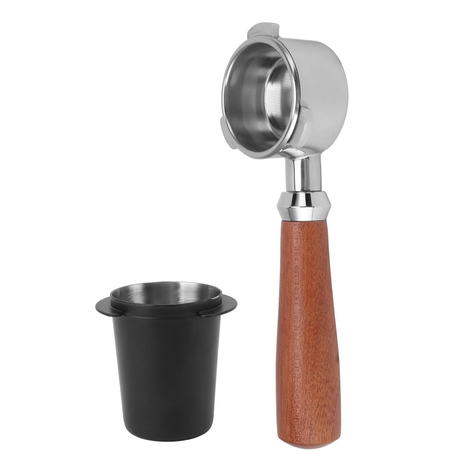 Porte-filtre sans fond en acier inoxydable avec récupérateur de poudre pour les amateurs de café, la maison et le bureau (noir)