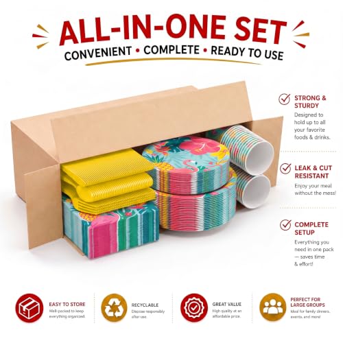 Image of 390 Pcs Luau Plates and Napkins Party Supplies Luau Party Decorations | Includes 60 9 inch Paper Plates | 60 7 inch Paper Plates | 60 9oz Paper Cups | 60 Napkins | 150 Plastic Cutlery
