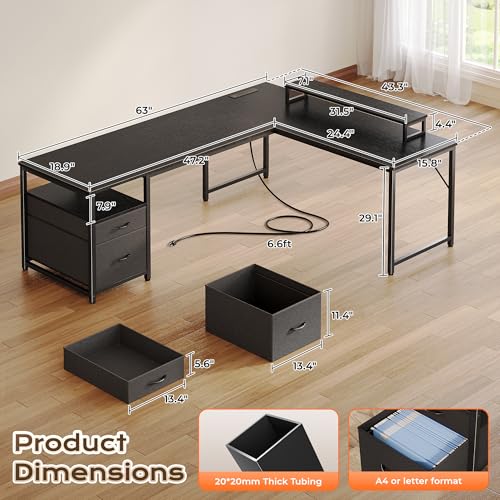 PRAISUN 63 Inch L Shaped Desk with Power Outlets and USB-C Port, Computer Corner Home Office Desk with File Fabric Drawers and Movable Monitor Stand, Larger Storage, Gaming, Writing, Work, Black - Image 3