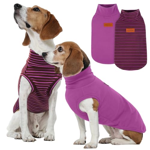 FUAMEY 2 Pack Dog Fleece Vest for Large Dogs,Shih Tzu Frenchie Stretchy Dog Sweatshirts Warm Dogs Pullover Winter Pet Sweaters with Leash Hole Puppy Turtleneck Sleeveless Purple Stripes L La