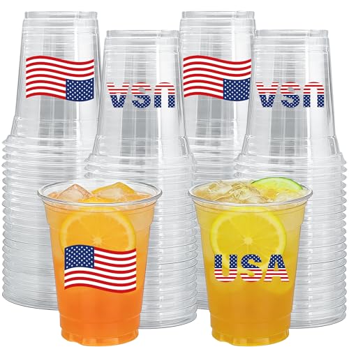 peony man 50 PCS Patriotic Party Cups 12oz 4th of July Plastic Cup Clear USA Flag Design Disposable Drinking Cups for American Independence Day Memorial Day Party Supplies