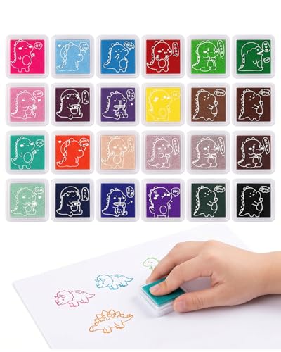 AEUXZA 24 Couleurs Tampon Encreur pour Enfant, Peinture à Doigts Lavable, Encre Colorée pour Papier Bois Tissu, Loisirs Créatifs Cadeau pour Garçons Filles, 24 Pièces