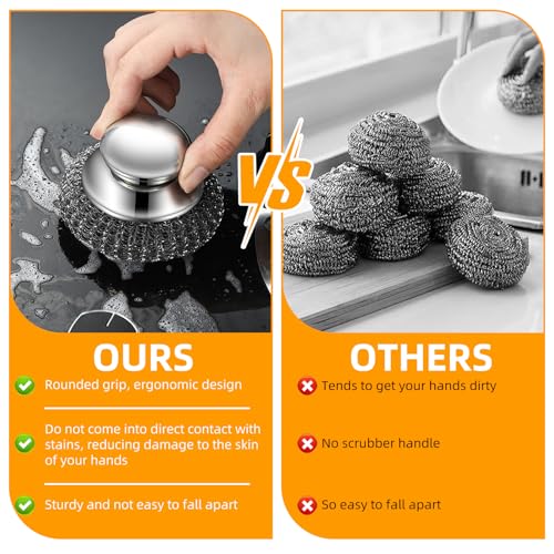 Image of 2Pcs Heavy Duty Stainless Steel Dish Brush with Handle - Kitchen Scrub Brush for Dishes, Pans, Cooktops - 3 Replacement Pads Included