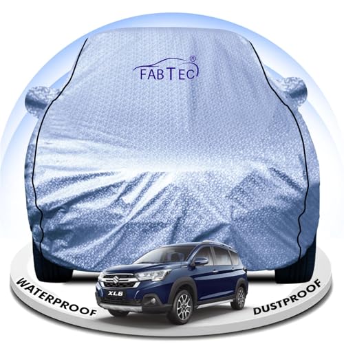 Image of FABTEC Metallic Silver Waterproof Car Body Cover for Maruti Xl6 Sun, UV and Dust Protection with Mirror Pocket (Reflective Silver with Black Piping)