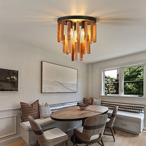 Moujoe 3-Light Semi Flush Mount Ceiling Light Fixture Rustic Wooden Chandelier Retro Ceiling Lamp Oak And Black With E26 For Farmhouse Kitchen Entryway Hallway Bedroom Dining Room Livingroom Foyer… #TOP6