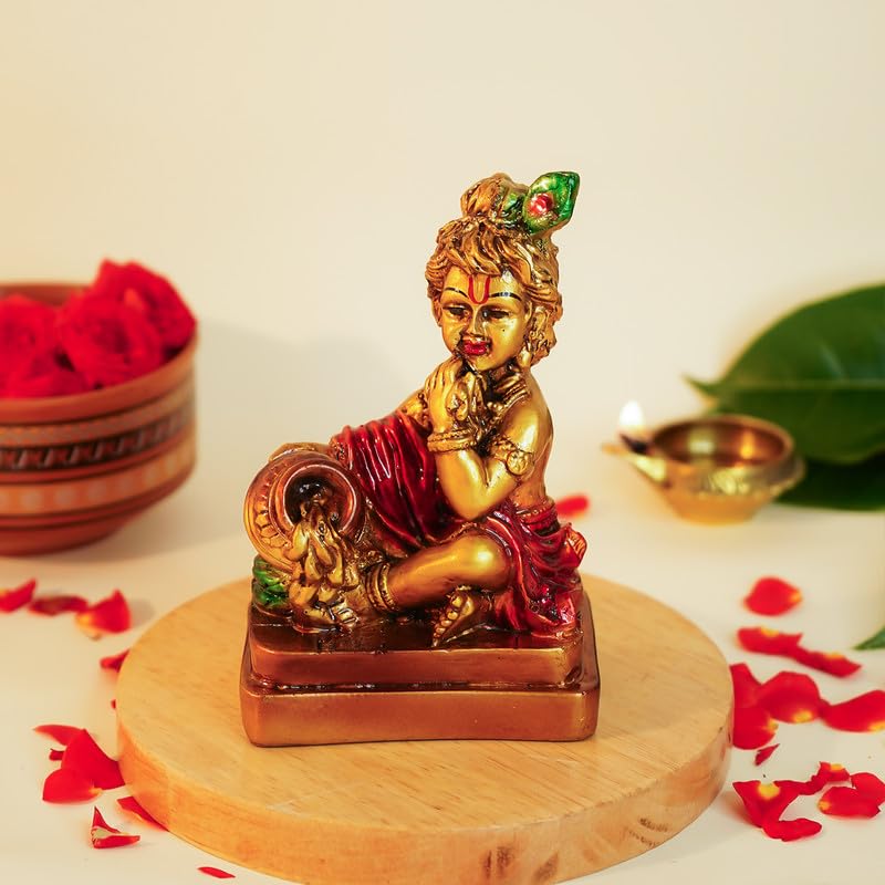 Image of Ekhasa Aura Series Antique Gold Painted Bal Gopal Murti (5 inch) | Marble Dust Laddu Gopal Murti for Puja | Resin Baby Krishna Idol for Home | Bal Krishna Idol | Sri Krishna Idols | Makan Chor Idol