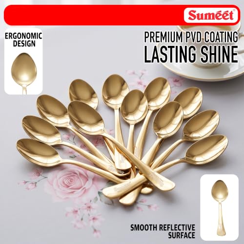 Image of Sumeet Stainless Steel Golden Dessert /Table Premium Spoon Set of 12 Pc - (18cm L) (1.6mm Thick)