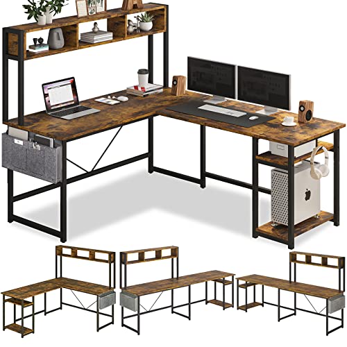 Sedeta L Shaped Desk with Hutch and Storage Bag, 94.48 Inches Two Person Desk, Reversible Corner Computer Desk, Gaming Table, L Shaped Desk with Shelves, Vintage Brown