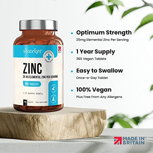 Zinc Tablets High Strength - 25mg Elemental Zinc  365 Vegan Tablet Pills (1 Year Supply)  Zinc Gluconate - Chelated Zinc Supplements for Immune System, Hair, Skin, Bones, Nails  Made by VitaBright
