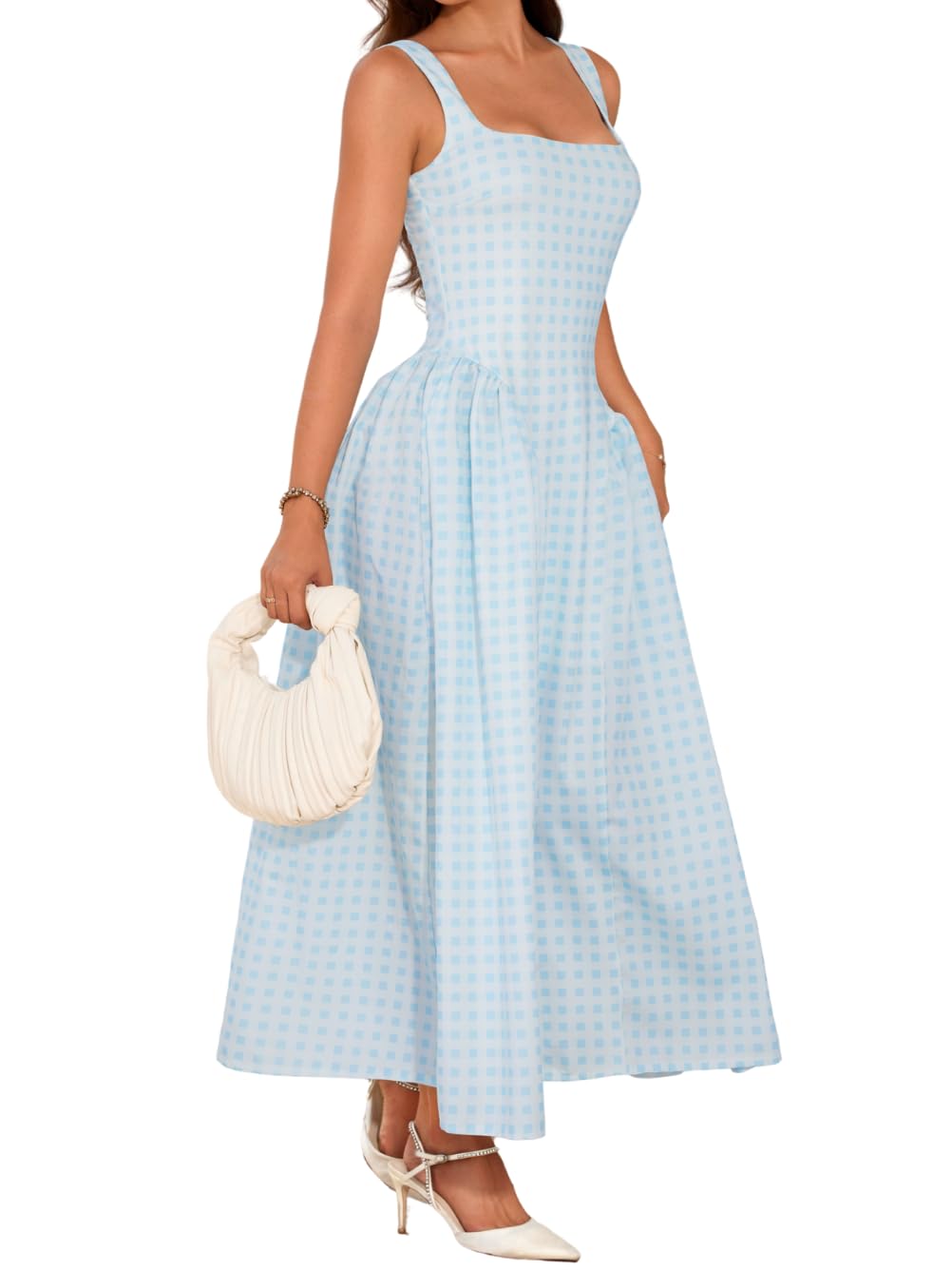 Plaid Maxi Dress, A-Line Drop-Waist, Wedding Guest Tea Party, Pastel Gingham Square Neck…