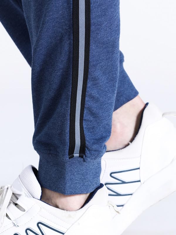 Image of CROCODILE Men Solid French Terry Joggers | Classic Fit | Mid Rise | Drawstring Closure | Ankle Length | Casual Wear Navy Melange