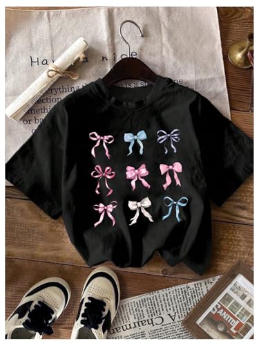 Image of SHENHE Girl's 3 Pack Cute Graphic Tees Cherry Bow Print Aesthetic Short Sleeve Shirt Tops