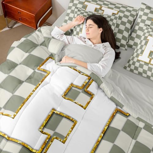 Image of Erosebridal Sage Green Checkered Queen Bed in A Bag 7 Piece Plaid Initial H Comforter Set with Sheets Personalized Monogram Bedding Sets for Kids Adults,Fashion Grids Gingham Bed Set