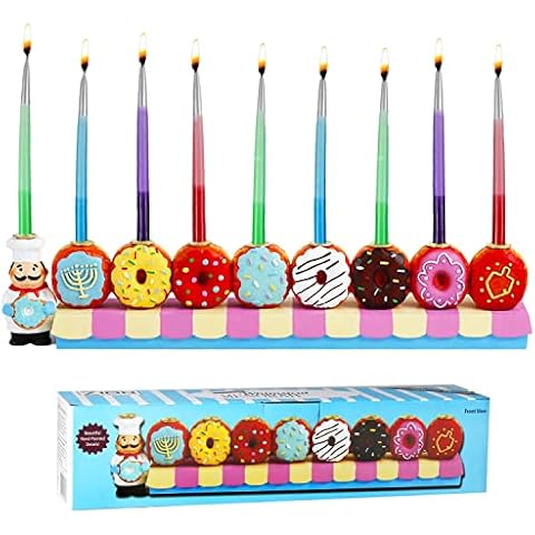 Baker and Doughnuts Children's Candle Menorah Hand Painted Mouthwatering Traditional Chanukah Sofganiyot Fits Standard Hanukkah Candles Collectible Chanukiyas by Zion Judaica Cover