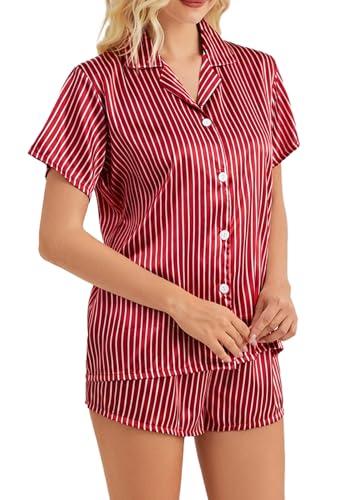 Image of Satin Pajamas for Women, Notch Neck PJ Adjustable Drawstring Shorts | Silky pajama set for women with a lightweight drape. Breathable feel, stays soft after wash