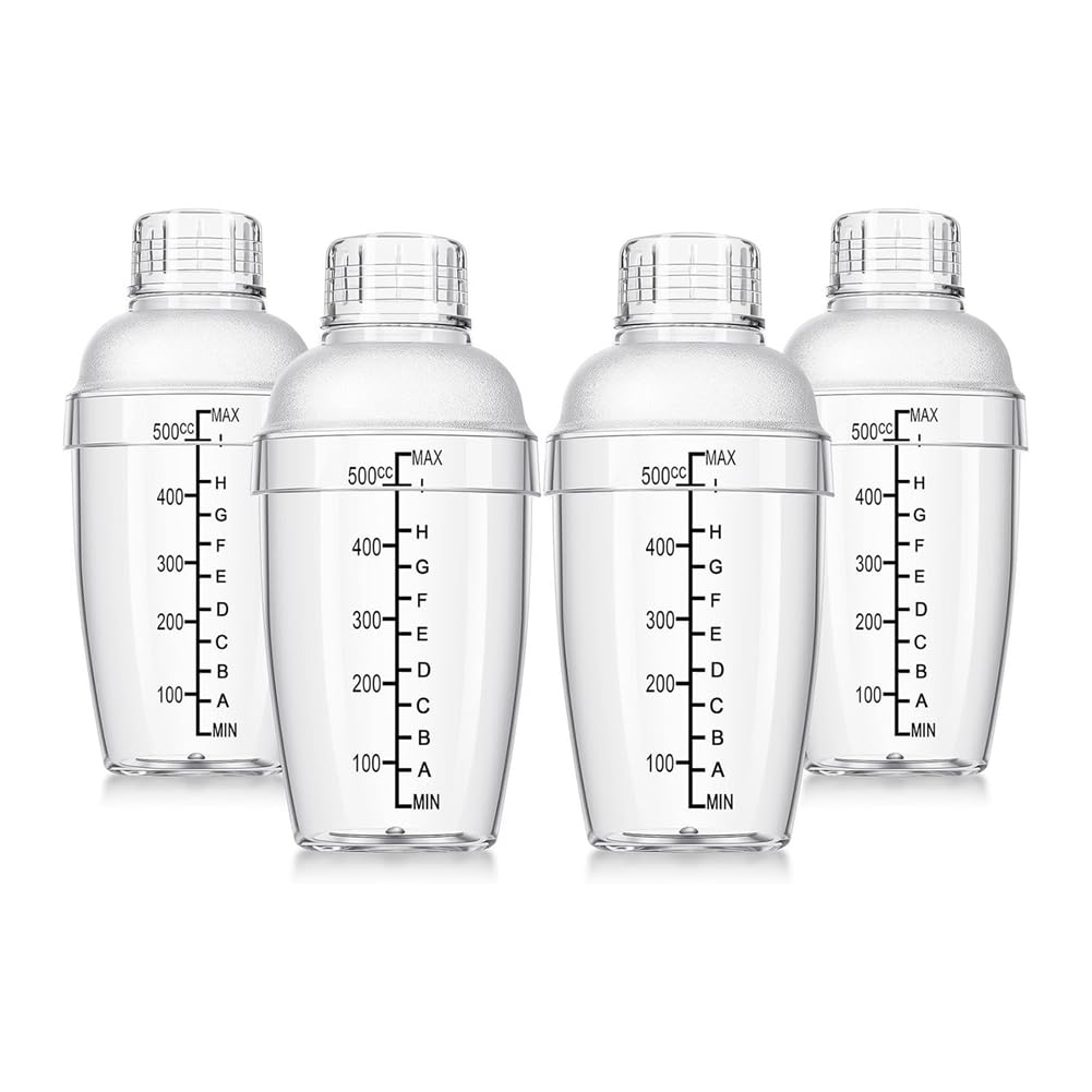 FYOBOT 4 Pcs Plastic Cocktail Shaker Hand Drink Mixer Shaker with Scales and Strainer Top Clear Shaker Cup with Measurements