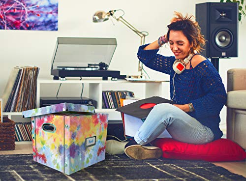 Image of Snap-N-Store 12 In Vinyl Record Box, LP Holder with Lid, Tie Dye | Collapsible crate holds up to 75 vinyl albums, snaps together for easy assembly, stylish shelf display