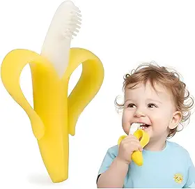 Bananinha Mordedor e Escova de Dentes 2 em 1 para Bebês de Silicone Macio Alívio da Dentição e Higiene Bucal Livre de BPA