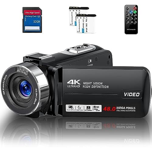 Video Camera Camcorder HD 4K 48MP with IR Night Vision, 18X Digital Zoom Webcam Recorder 3.0” 270° Rotation Touchscreen Vlogging Camera for YouTube with Remote Control, 2 Batteries, and 32GB SD Card