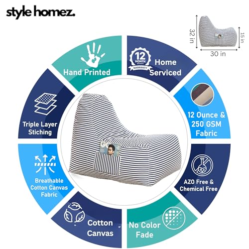 Image of Style Homez Hackey Cotton Canvas Stripes Printed Bean Bag XXL Size Filled with Beans Fillers
