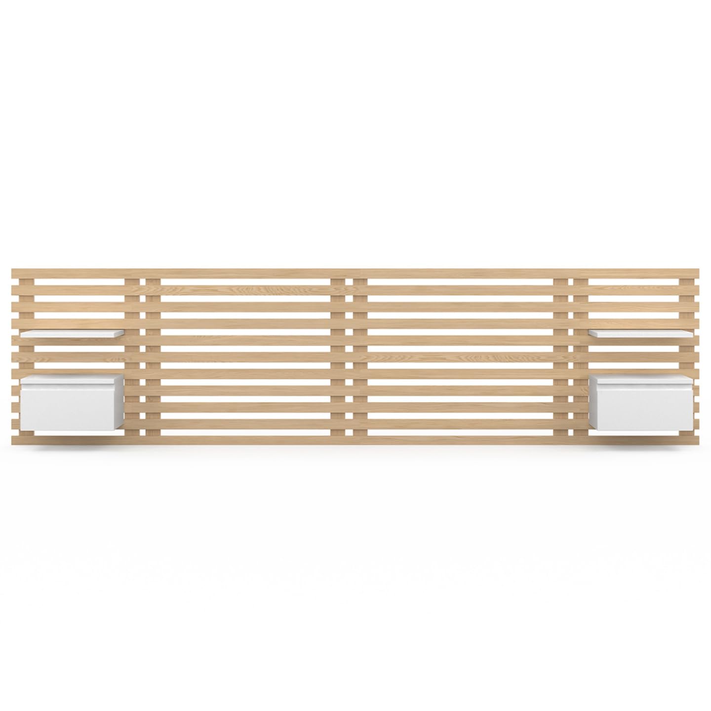 IDMarket - Cabecero de lamas AVA con mesillas colgantes 240 CM madera clara y blanco