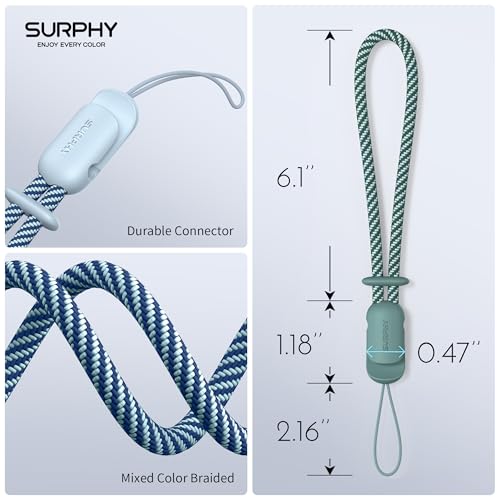 Image of SURPHY 2 Pack Phone Lanyard, Phone Wrist Strap for Case, Camera Wrist Strap | Ultra-Light 2-Color Braided Phone Strap, Cellphone Charm Strap, Anti-Lost Wrist Lanyard for Women and Men, Cloud Blue Green