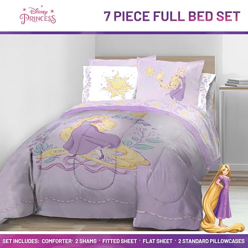 Image of Disney Princess Full Size Comforter Set 7 Piece Kids Bedding, Purple | Rapunzel, Bed in a Bag, Comforter Sheets Shams Pillowcases, Official Brand, Soft Microfiber, Machine Washable, Girls Gift