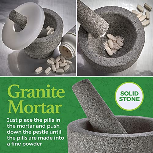 Image of Granite Pill Crusher Set - Easy Grip Non-Slip Stone Muddler & Deep Bowl with Silicone Lid - Mortar and Pestle Grinder for Pills, Tablets, Vitamins and More