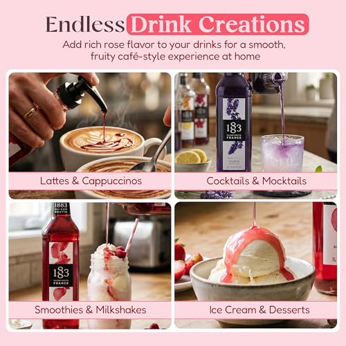 Image of 1883 Lavender, Rose, Hibiscus Syrups with Pumps (Floral Flavors) for Coffee & Drinks - 1 Liter Plastic Bottles (Pack of 3)