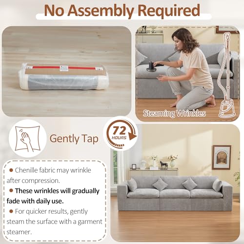 Image of 115''Cloud Boneless Sectional Couch, Modular Sectional Sofa Deep Seat, Oversized Upholstered Convertible Comfy 3 Seater Chenille Memory Foam Sofa Couches for Living Room, Light Grey
