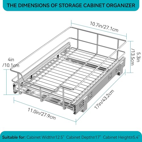 Image of Pull Out Cabinet Organizer 11 inch W X 17 inch D, Chromed, Full Slide Out Drawers