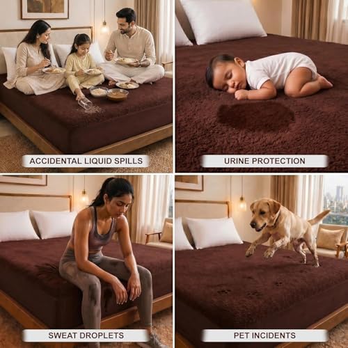Image of Cotton Feel Terry 72x72 inch Ultra Soft Waterproof Mattress Protector Double Bed Size | Breathable Hypoallergenic Mattresses Cover for Double Bed Size (Coffee)