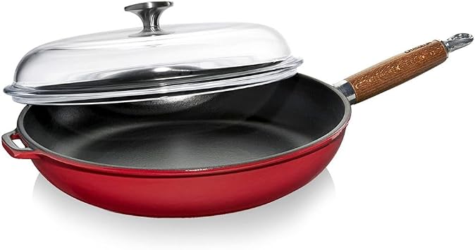 Chasseur French Enameled Cast Iron Frying Pan with Lid and Wooden Handle 11 Handmade, Nonstick Release Red Fry Pan for Even-Heat Searing All-Stovetop Compatibility for Easy Everyday Cooking