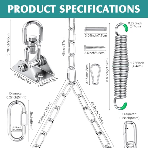 Image of Hicarer Porch Swing Hanging Kit with Springs 8ft Y-Chains Swivel,Sliver