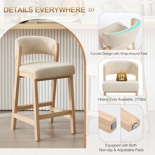 Image of Zesthouse Wooden Counter Height Stools Set of 4, Mid Century Kitchen Bar Stools with Back & Raw Solid Wood Legs, Farmhouse Upholstered Barstools for Kitchen Island, Beige Linen Counter Hieght Chairs