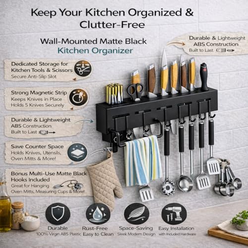 Image of Clazkit Kitchen Shelf Wall Mount Knife Holder,Towel Hanger, Spatula Ladle Hanging Hooks, Cutlery Holder Storage Rack High Grade Plastic Multi-Purpose (44 x 4.5 x 8cm)-Black