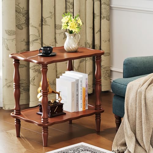 Image of Uniclinens Solid Wood End Side Table - Small Wooden Nightstand for Living Room Bedroom, Retro Brown