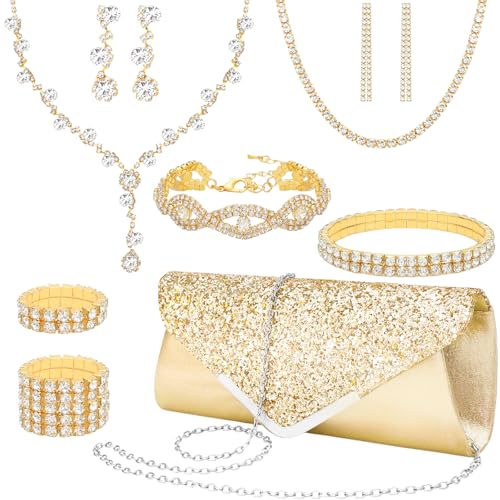 NEWITIN 9 Pieces Purse Rhinestone Jewelry Set for Women Prom Jewels Crystal Clutch Purse Necklaces Rings Bracelets Earrings Gold Jewelry Set for Women Bride