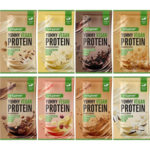 Yummy Vegan Protein - Probenset 8x 30g - 8 Geschmacksorten - Pflanzlicher Proteinshake mit bis zu 24,9 g Eiweiß pro Portion aus Fava-Bohnen-Isolat mit BCAA & Aminosäuren