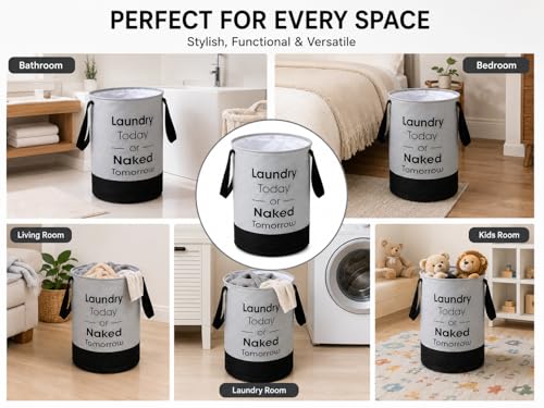 Image of 45L Non Woven Wave Printed Round Foldable Large Laundry Bag /Basket With Handle, Freestanding Cloth Storage Organizer grye black